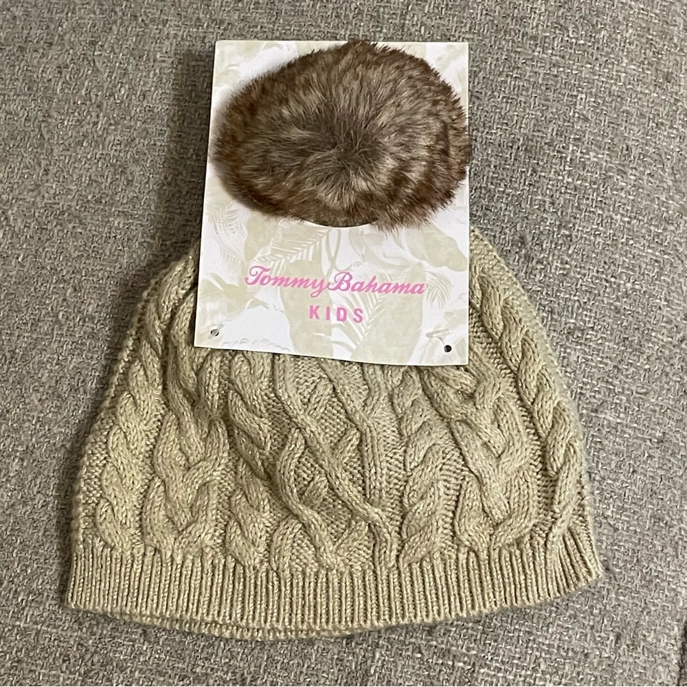 NWT Tommy Bahama Kids Pom-Pom Puff Knit Hat Beanie Tan One-Size